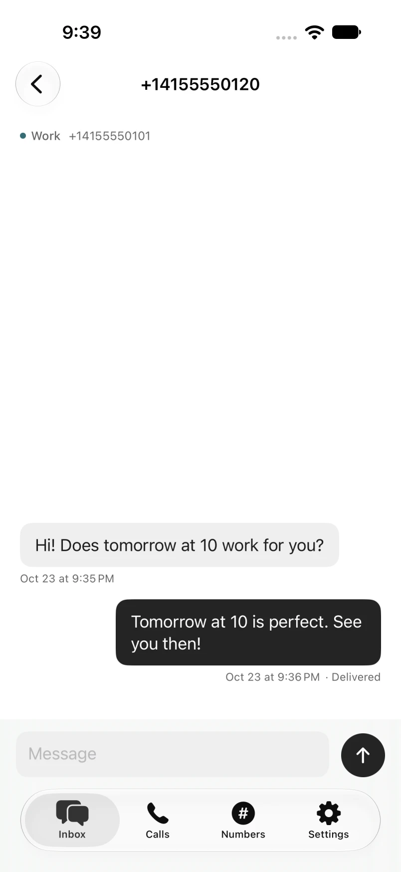 A text conversation in the RingOtter iPhone app, using sample activity.