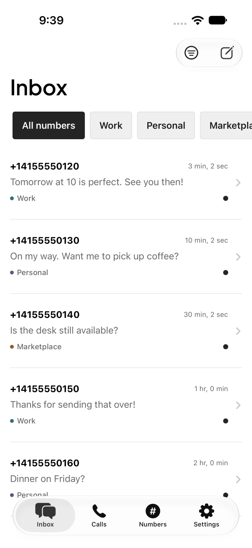 RingOtter inbox showing conversations organized by Twilio phone number. Sample activity.