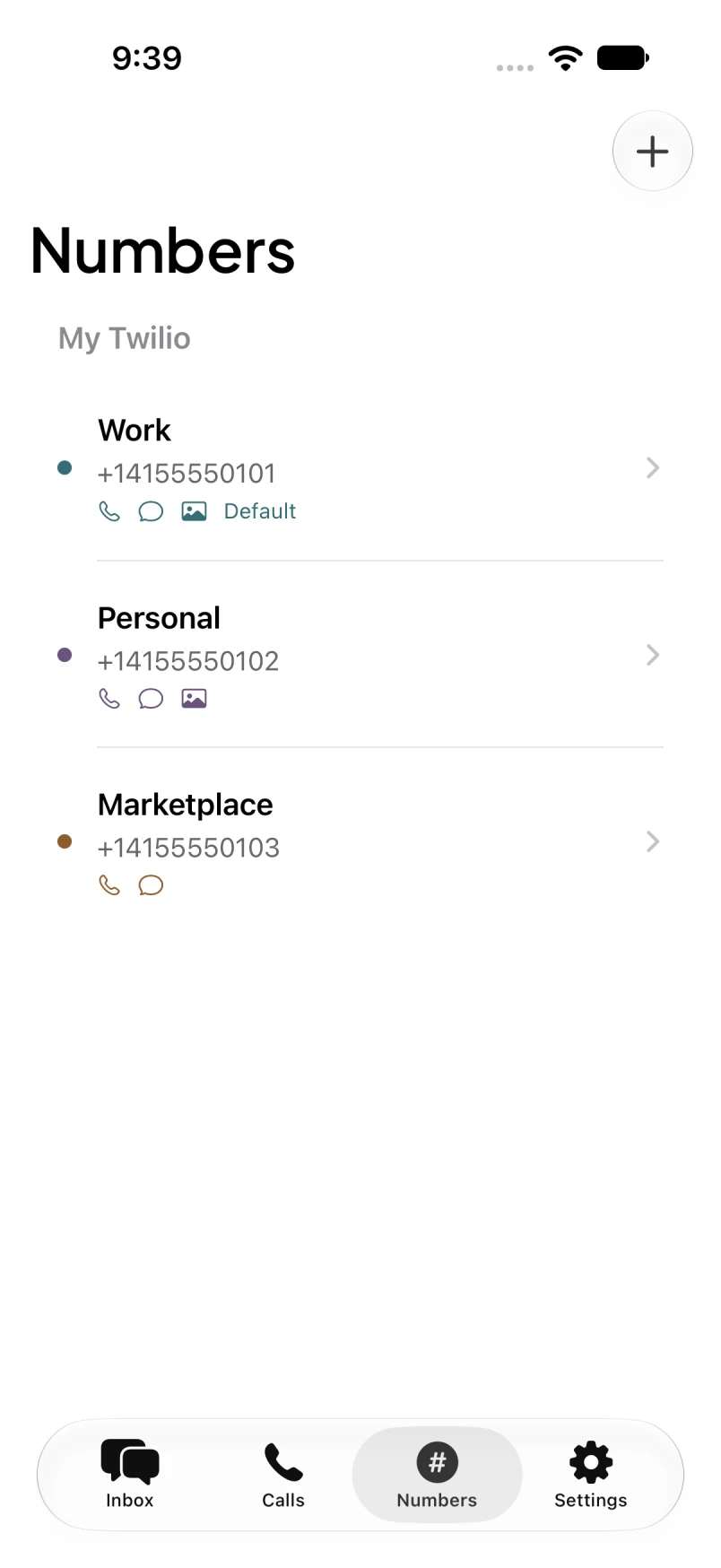 RingOtter phone numbers screen showing named numbers across Twilio accounts. Sample activity.